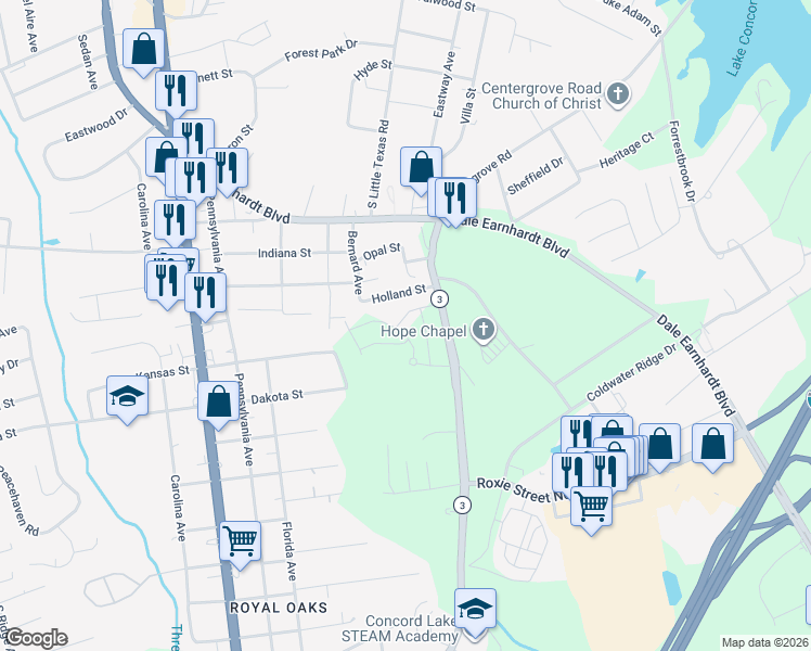 map of restaurants, bars, coffee shops, grocery stores, and more near 1212 Holland Street in Kannapolis
