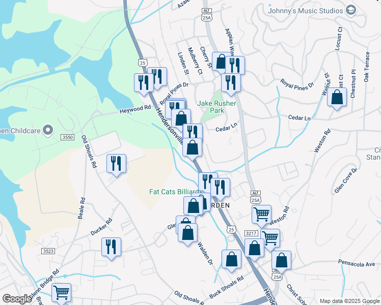 map of restaurants, bars, coffee shops, grocery stores, and more near 2306 Hendersonville Road in Arden