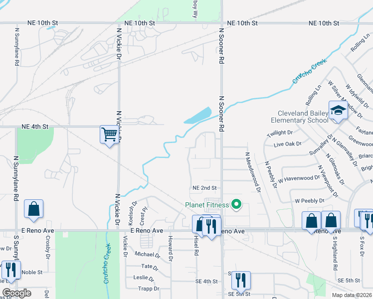 map of restaurants, bars, coffee shops, grocery stores, and more near 5525 Crooked Creek Road in Oklahoma City