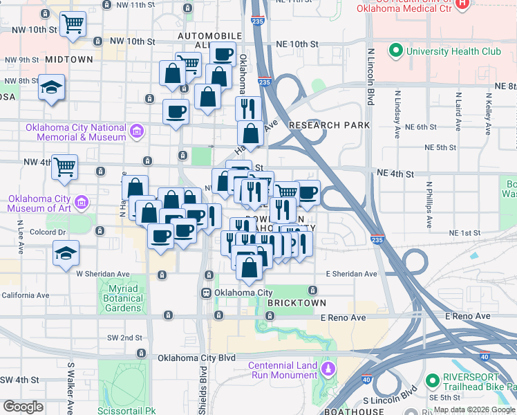 map of restaurants, bars, coffee shops, grocery stores, and more near 202 Northeast 3rd Street in Oklahoma City