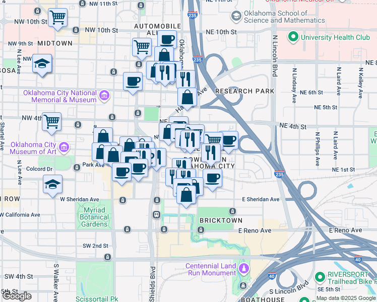 map of restaurants, bars, coffee shops, grocery stores, and more near 30 Northeast 3rd Street in Oklahoma City