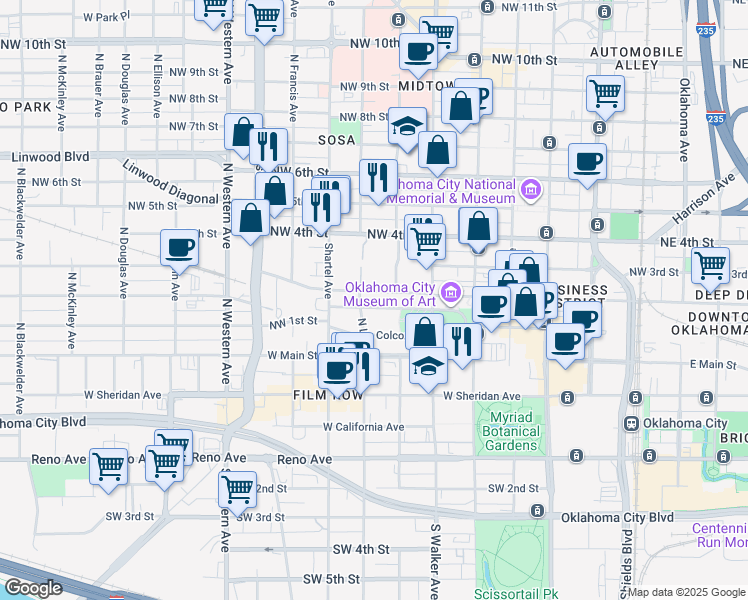 map of restaurants, bars, coffee shops, grocery stores, and more near 601 Robert S Kerr Avenue in Oklahoma City