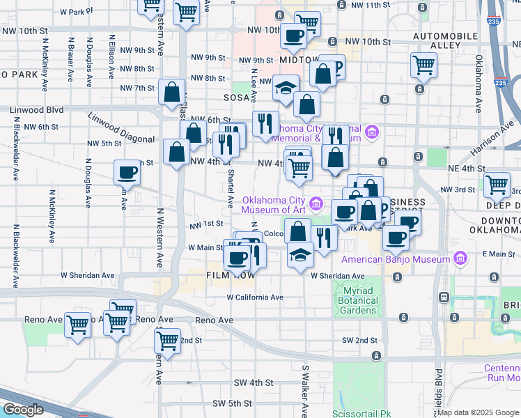 map of restaurants, bars, coffee shops, grocery stores, and more near 601 Robert S Kerr Avenue in Oklahoma City