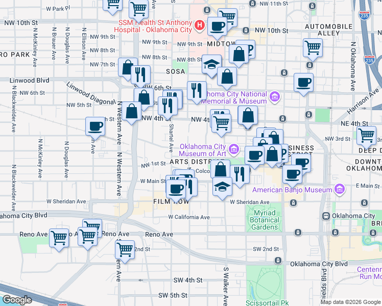 map of restaurants, bars, coffee shops, grocery stores, and more near 601 Robert S Kerr Avenue in Oklahoma City