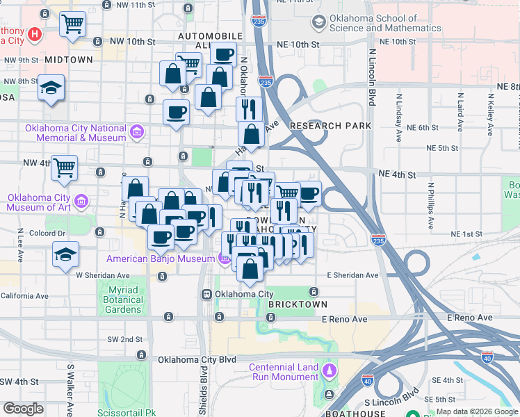 map of restaurants, bars, coffee shops, grocery stores, and more near 123 Northeast 2nd Street in Oklahoma City