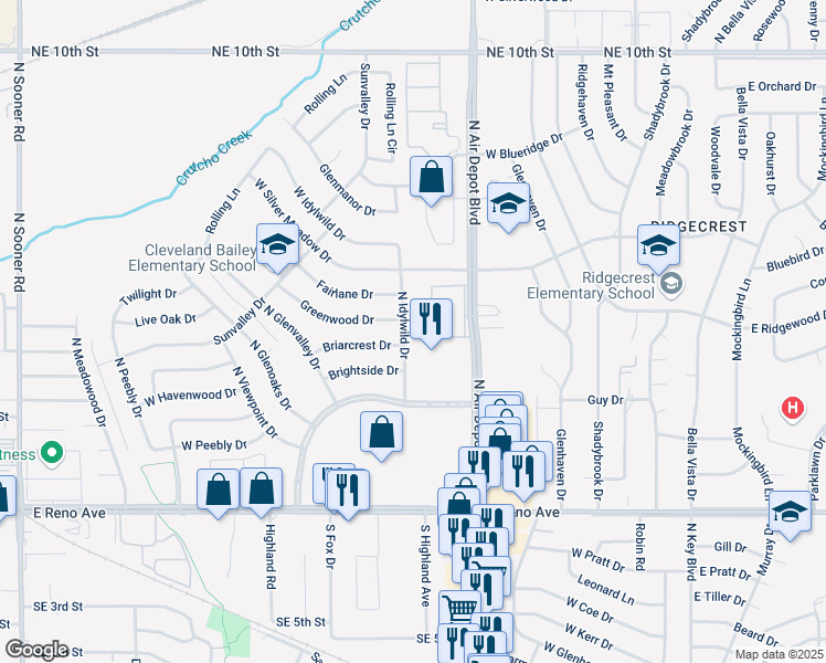 map of restaurants, bars, coffee shops, grocery stores, and more near 3304 North Idylwild Drive in Midwest City