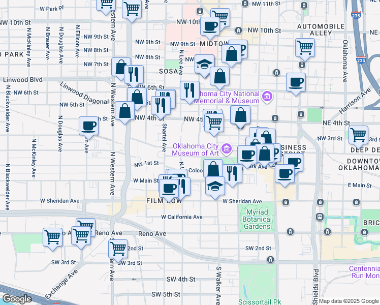 map of restaurants, bars, coffee shops, grocery stores, and more near 601 Robert S Kerr Avenue in Oklahoma City