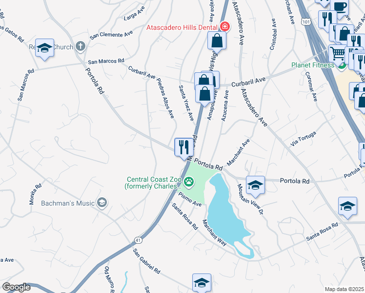 map of restaurants, bars, coffee shops, grocery stores, and more near 8840 Morro Road in Atascadero