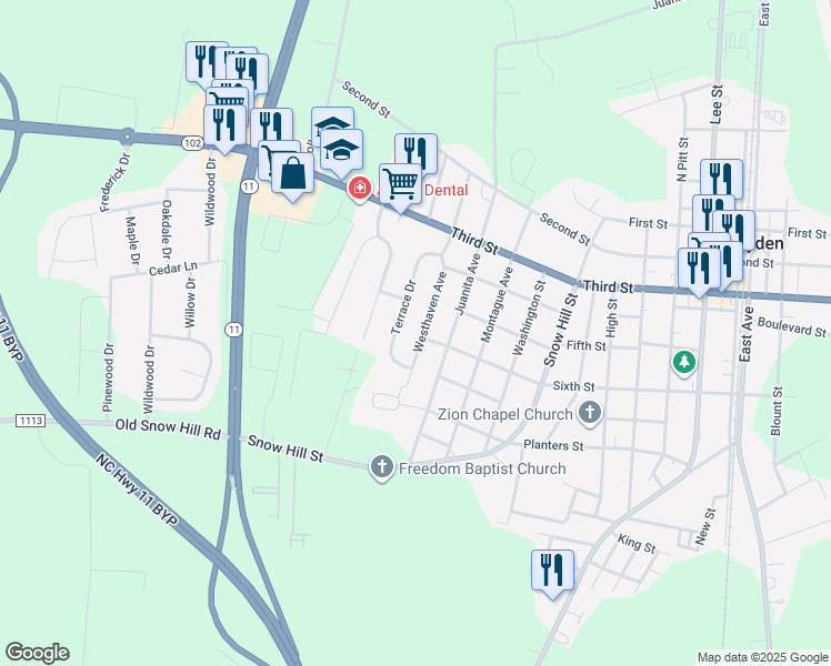 map of restaurants, bars, coffee shops, grocery stores, and more near 4176 Westhaven Avenue in Ayden