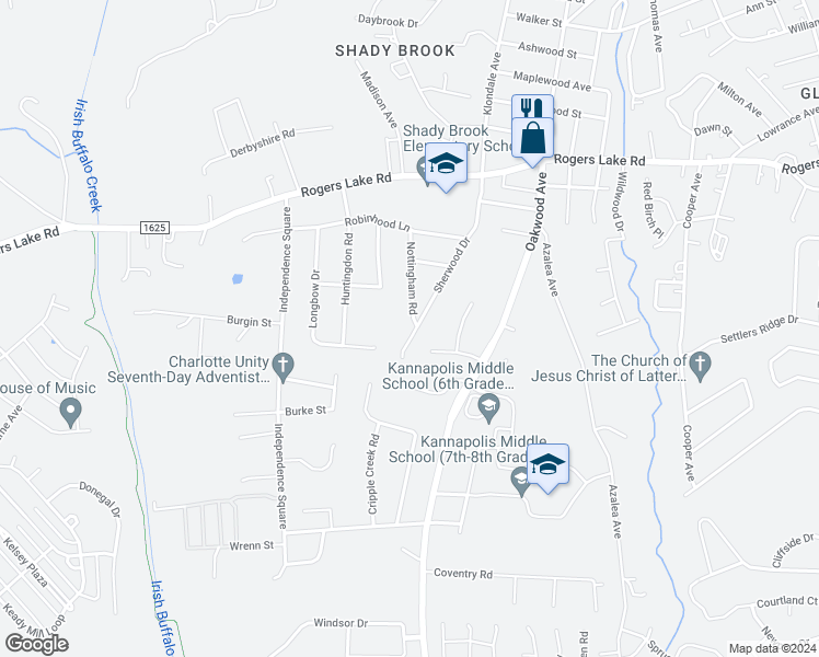 map of restaurants, bars, coffee shops, grocery stores, and more near 1446 Nottingham Road in Kannapolis