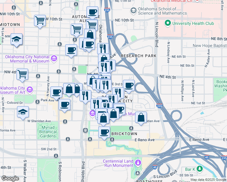 map of restaurants, bars, coffee shops, grocery stores, and more near 202 Northeast 3rd Street in Oklahoma City