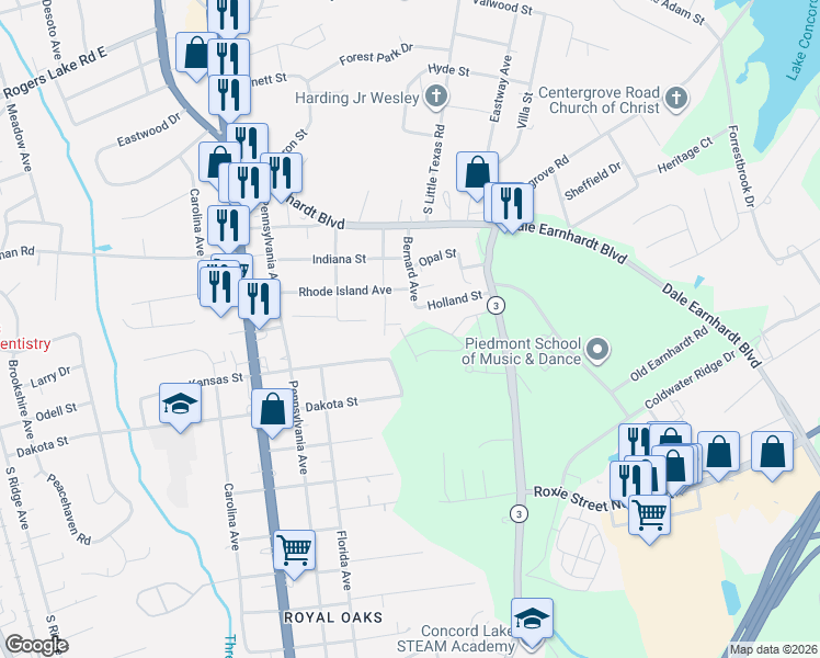 map of restaurants, bars, coffee shops, grocery stores, and more near 1736 Bernard Avenue in Kannapolis