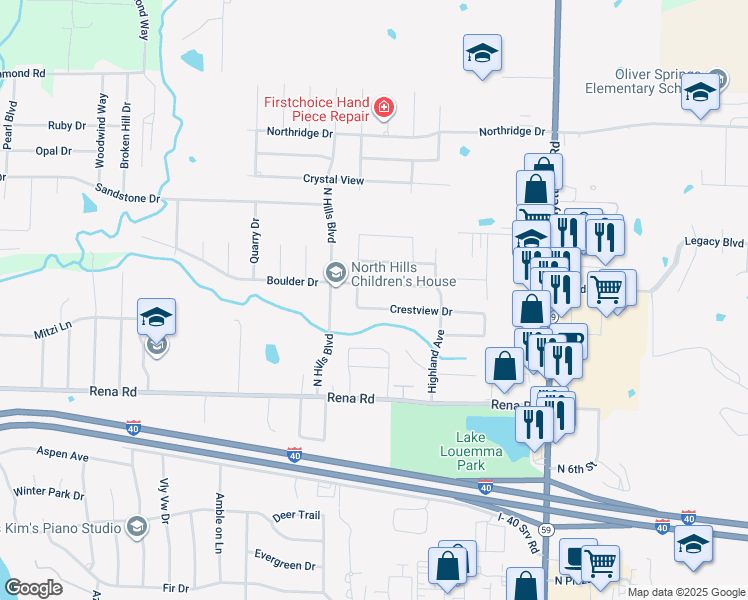 map of restaurants, bars, coffee shops, grocery stores, and more near 357 Boulder Drive in Van Buren