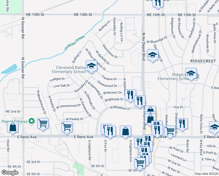 map of restaurants, bars, coffee shops, grocery stores, and more near 717 Greenwood Drive in Midwest City