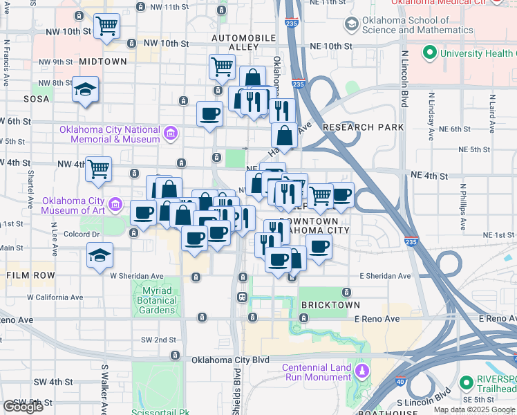 map of restaurants, bars, coffee shops, grocery stores, and more near 12 Northeast 3rd Street in Oklahoma City