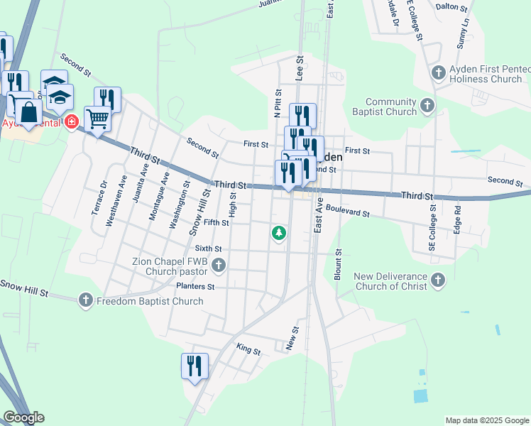 map of restaurants, bars, coffee shops, grocery stores, and more near 4212 Pitt Street in Greenville
