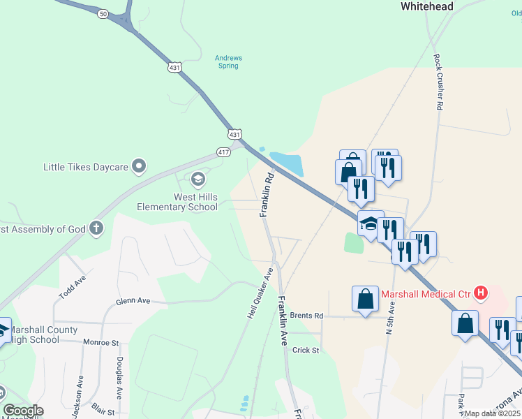 map of restaurants, bars, coffee shops, grocery stores, and more near 1645 Franklin Pike in Lewisburg