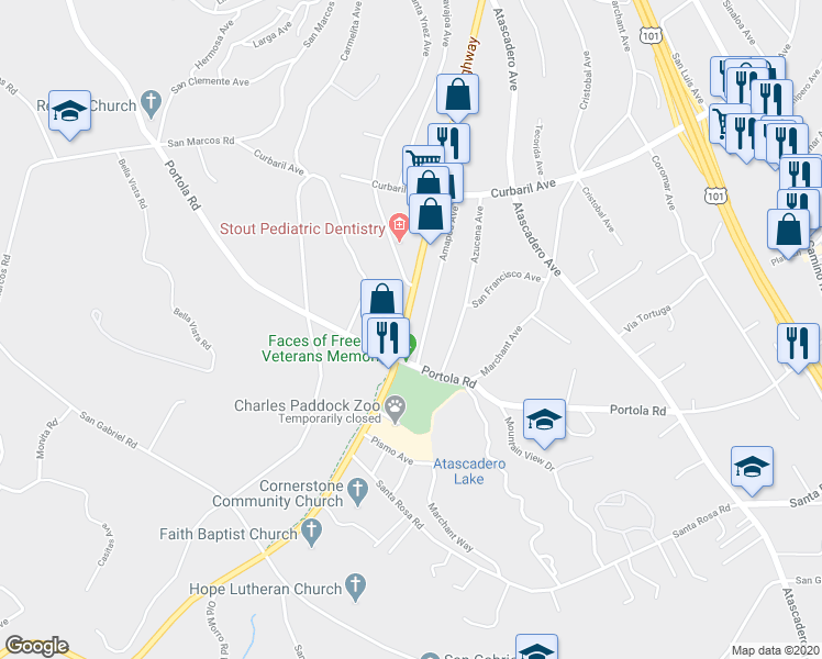 map of restaurants, bars, coffee shops, grocery stores, and more near 8795 Morro Road in Atascadero