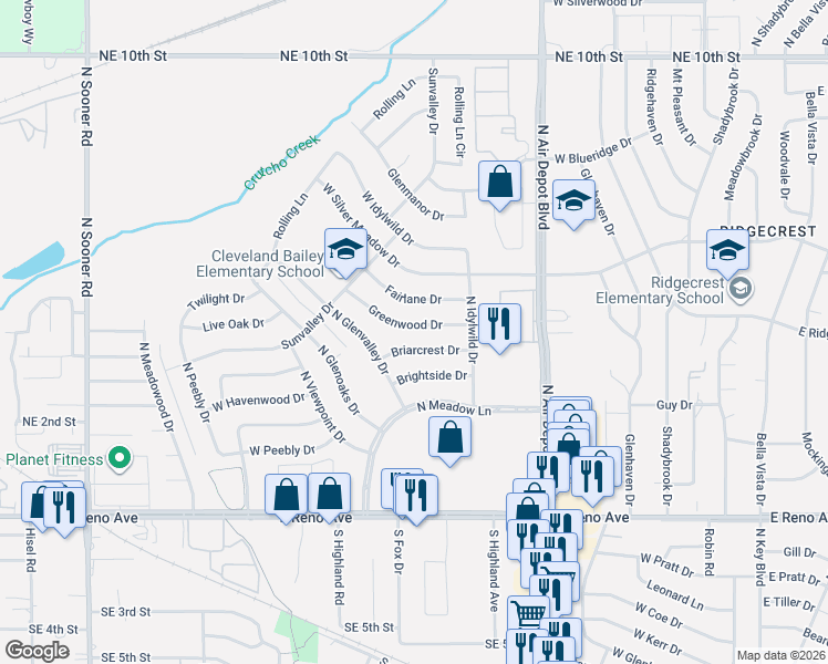 map of restaurants, bars, coffee shops, grocery stores, and more near 717 Greenwood Drive in Midwest City
