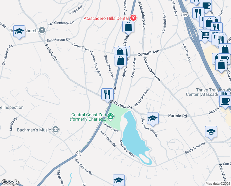 map of restaurants, bars, coffee shops, grocery stores, and more near 8795 Morro Road in Atascadero