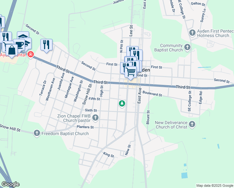 map of restaurants, bars, coffee shops, grocery stores, and more near 4212 Pitt Street in Greenville
