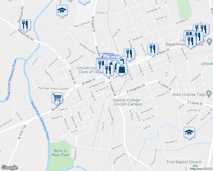 map of restaurants, bars, coffee shops, grocery stores, and more near 216 South Aspen Street in Lincolnton