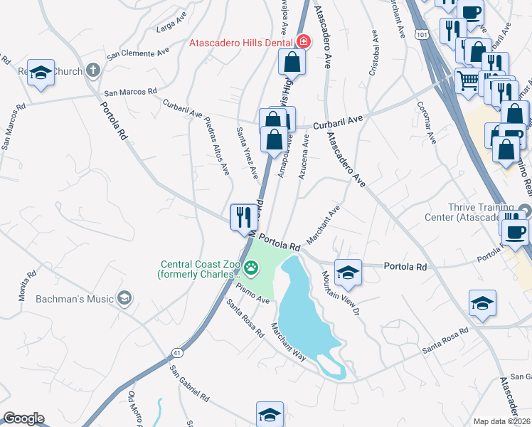 map of restaurants, bars, coffee shops, grocery stores, and more near 8795 Morro Road in Atascadero