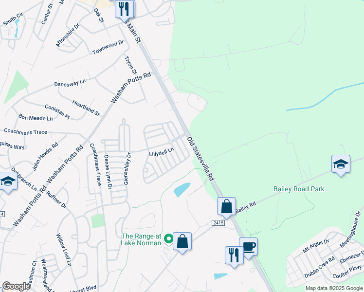 map of restaurants, bars, coffee shops, grocery stores, and more near 11257 Heritage Green Drive in Cornelius