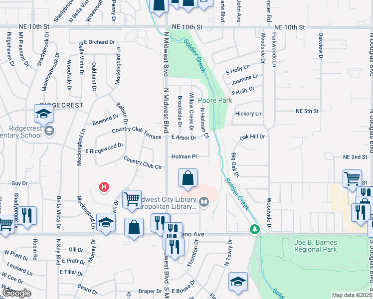 map of restaurants, bars, coffee shops, grocery stores, and more near 614 East Arbor Drive in Midwest City