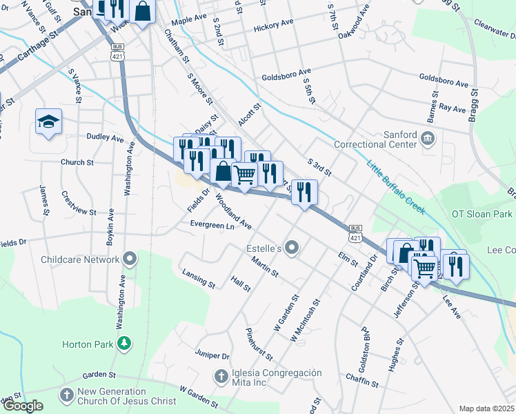 map of restaurants, bars, coffee shops, grocery stores, and more near in Sanford