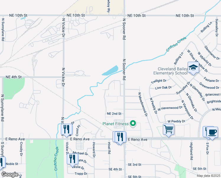 map of restaurants, bars, coffee shops, grocery stores, and more near 5525 Crooked Creek Road in Oklahoma City