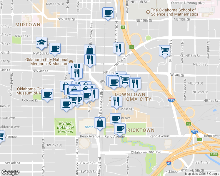 map of restaurants, bars, coffee shops, grocery stores, and more near 12 Northeast 3rd Street in Oklahoma City