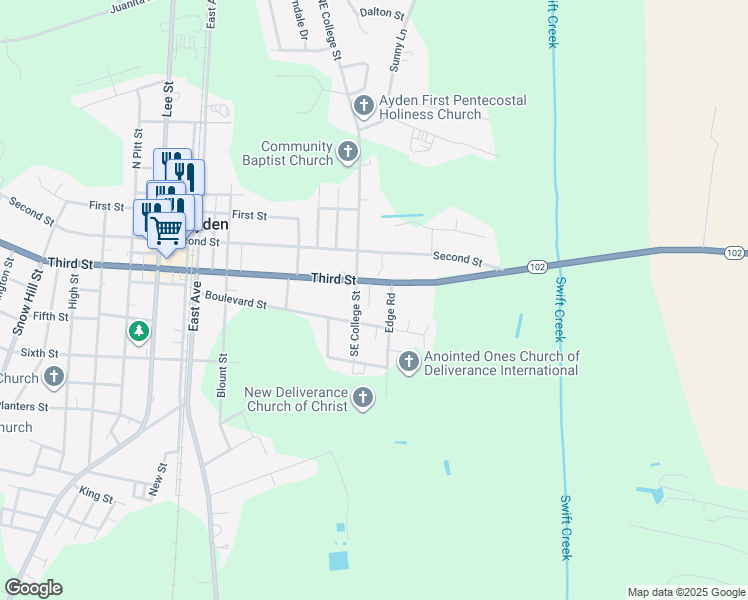 map of restaurants, bars, coffee shops, grocery stores, and more near 4217 Southeast College Street in Ayden
