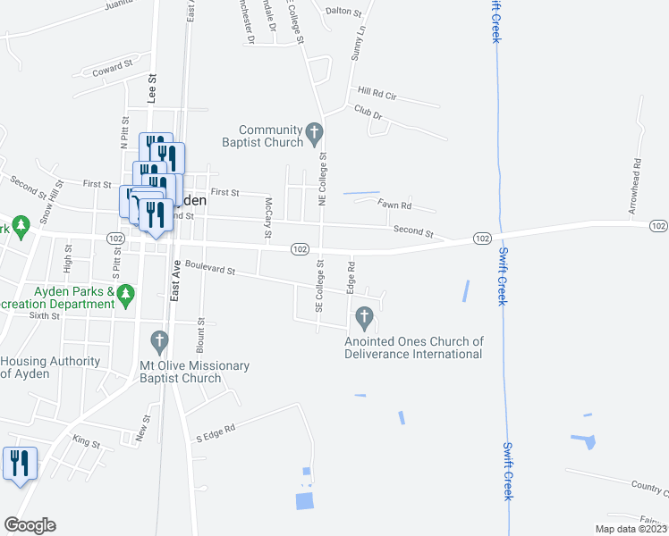 map of restaurants, bars, coffee shops, grocery stores, and more near 770 3rd Street in Ayden