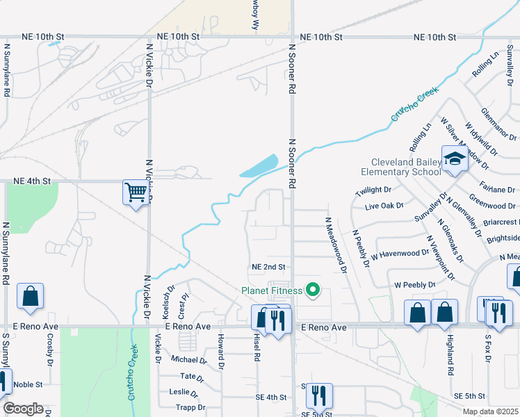 map of restaurants, bars, coffee shops, grocery stores, and more near 5525 Crooked Creek Road in Oklahoma City