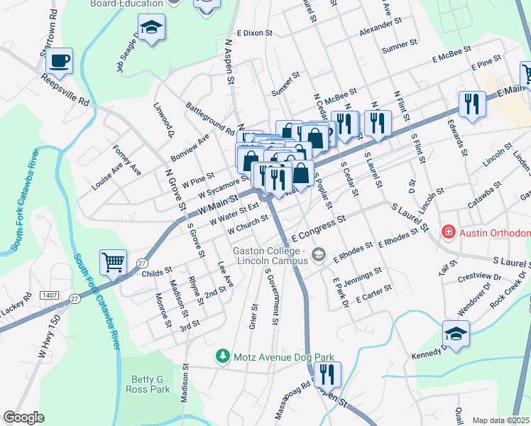 map of restaurants, bars, coffee shops, grocery stores, and more near 216 South Aspen Street in Lincolnton