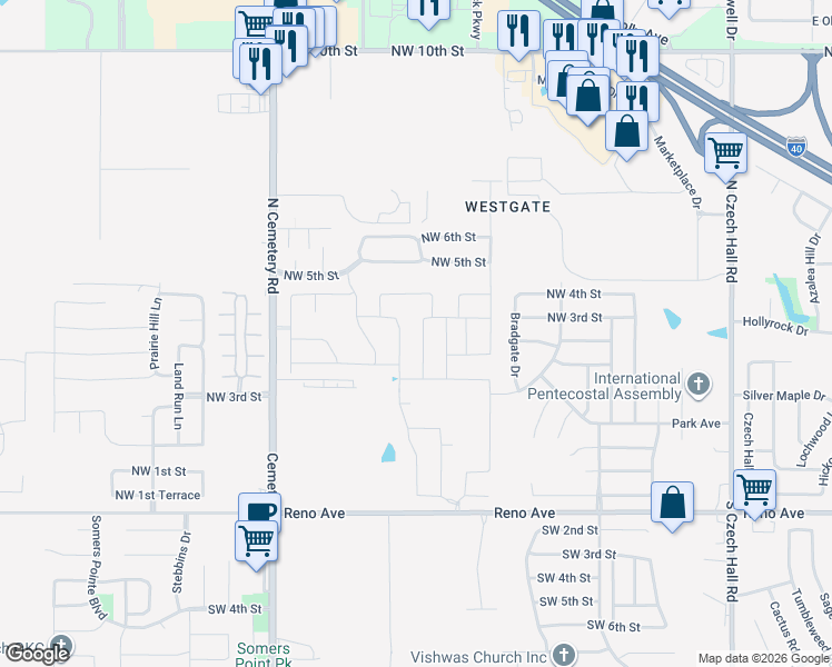 map of restaurants, bars, coffee shops, grocery stores, and more near Northwest 5th Street in Yukon