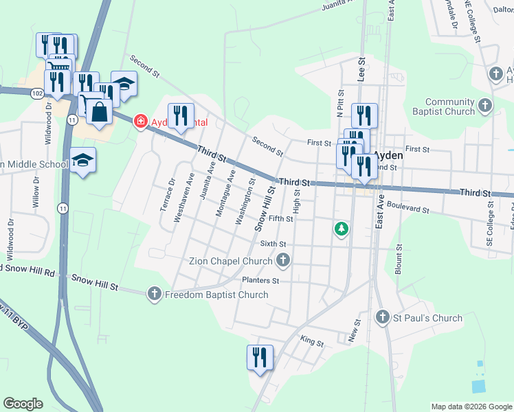 map of restaurants, bars, coffee shops, grocery stores, and more near 296 4th St in Ayden