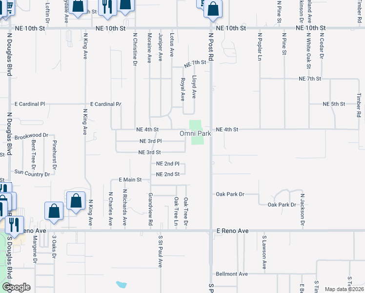 map of restaurants, bars, coffee shops, grocery stores, and more near 9719 Northeast 3rd Place in Midwest City