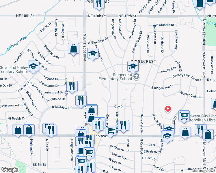 map of restaurants, bars, coffee shops, grocery stores, and more near 3206 Glenhaven Drive in Midwest City