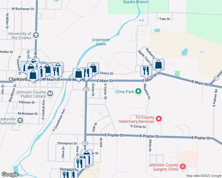map of restaurants, bars, coffee shops, grocery stores, and more near 16 Parkway Drive in Clarksville
