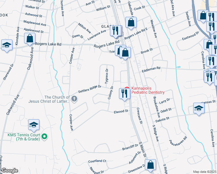 map of restaurants, bars, coffee shops, grocery stores, and more near 1401 Tygress Drive in Kannapolis