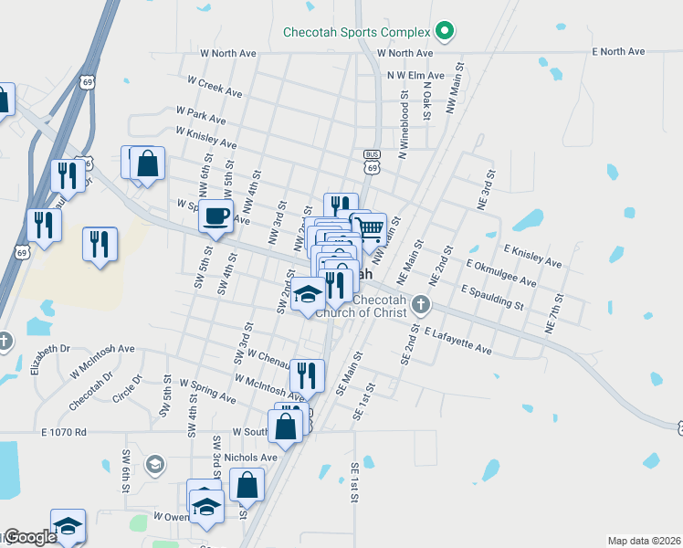 map of restaurants, bars, coffee shops, grocery stores, and more near in Checotah