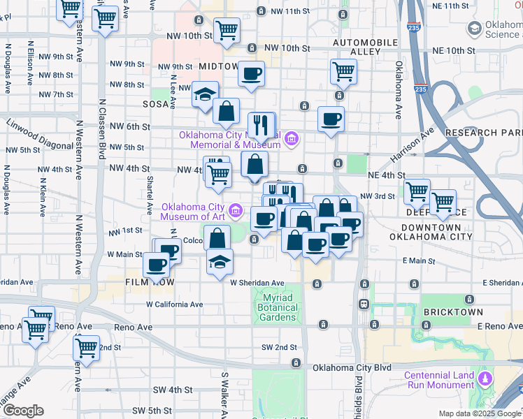 map of restaurants, bars, coffee shops, grocery stores, and more near 321 Robert S Kerr Avenue in Oklahoma City