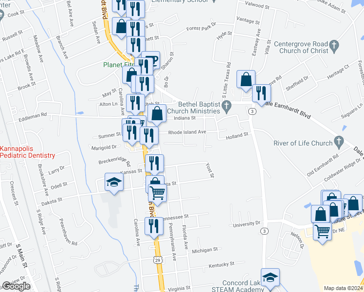 map of restaurants, bars, coffee shops, grocery stores, and more near 1703 Inspired Way in Kannapolis