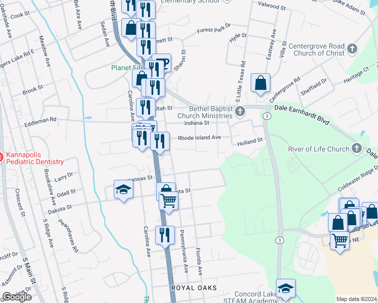 map of restaurants, bars, coffee shops, grocery stores, and more near 1707 Inspired Way in Kannapolis