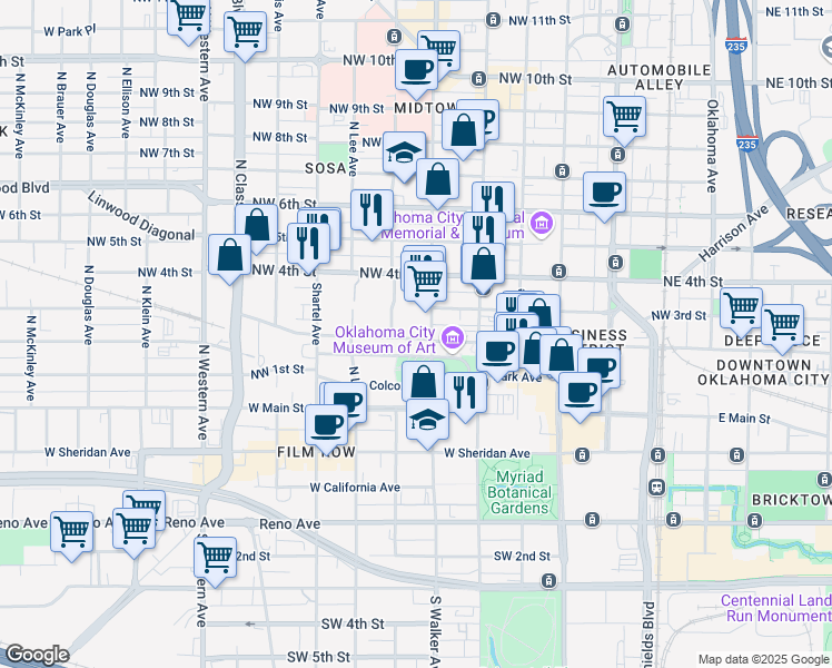 map of restaurants, bars, coffee shops, grocery stores, and more near 1 Robert S Kerr Avenue in Oklahoma City