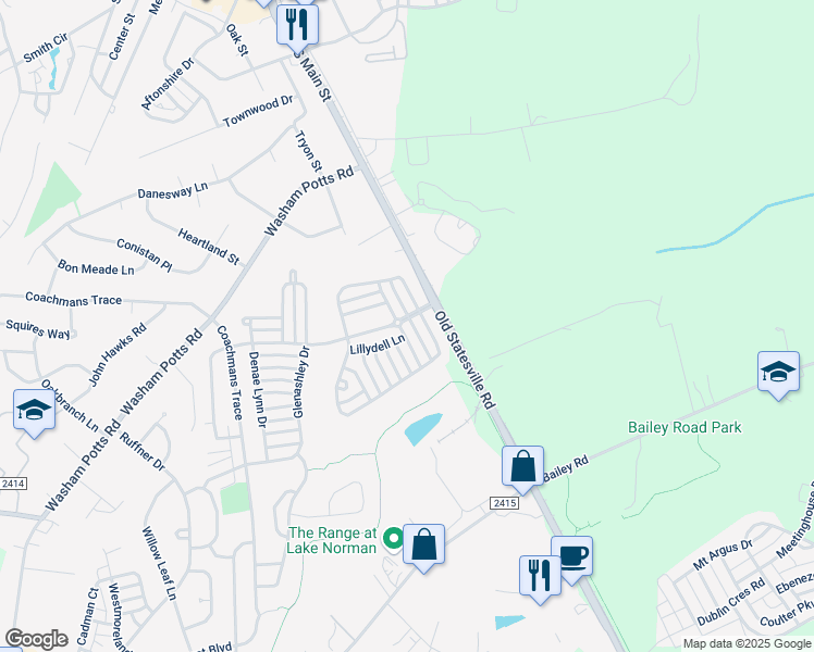 map of restaurants, bars, coffee shops, grocery stores, and more near 11270 Heritage Green Drive in Cornelius