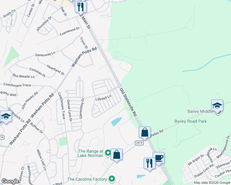 map of restaurants, bars, coffee shops, grocery stores, and more near 11263 Heritage Green Drive in Cornelius