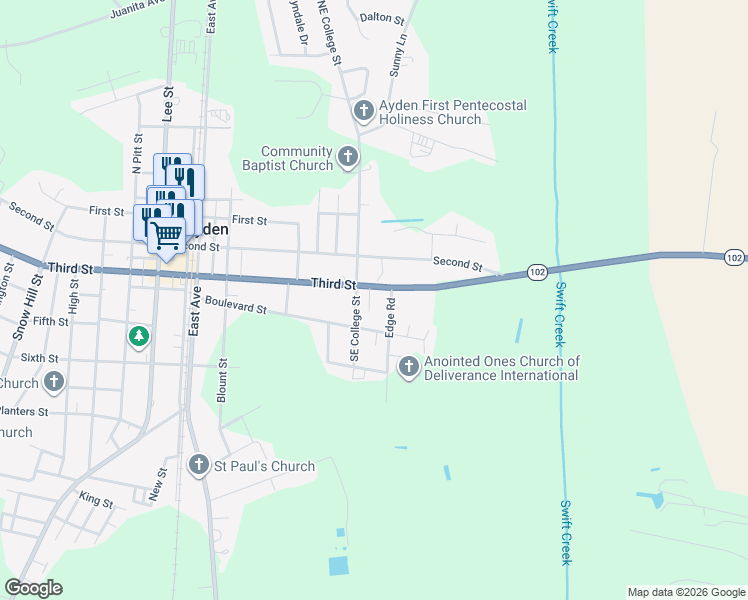 map of restaurants, bars, coffee shops, grocery stores, and more near 4217 Southeast College Street in Ayden